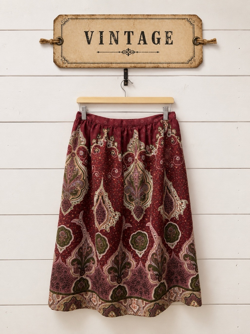 Vintage Paisley Midi Skirt β Burgundy β Estimated Medium